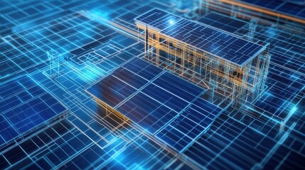 Obraz premium Blueprint of solar-powered factory roof with photovoltaic panels, wiring, and structural supports. White background.