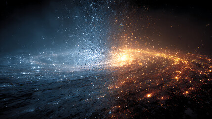 Abstract cosmic explosion with blue and orange energy lights