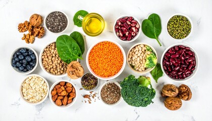 Healthy Vegan Protein Sources A Variety of Beans, Lentils, Nuts, Seeds, and Vegetables Top View
