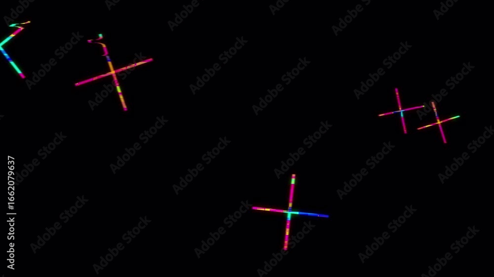 Poster dynamic colorful glitch x shapes evolving: pixelated abstract motion on black