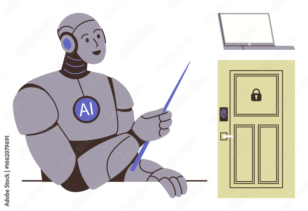 Poster ai robot teaching with pointer next to locked door and laptop, presenting concepts of cybersecurity,