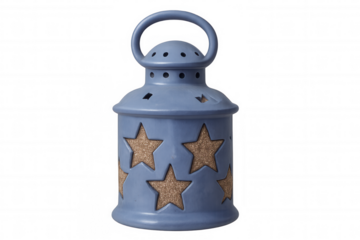 Ceramic blue lantern with star-shaped openings, casting soft illuminating patterns, set against transparent backdrop