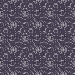 Seamless halloween pattern featuring pumpkins skulls witch hats and bones