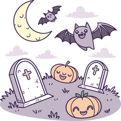 Halloween Night Scene with Moon Bats and Gravestones
