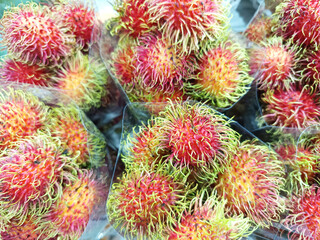 A close-up shot of vibrant red and yellow rambutan fruits with green spiky hairs, packaged for sale.