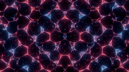 Abstract digital image of a glowing, honeycomb-like pattern with dark, crystalline cells outlined in bright red and blue neon light, creating a futuristic, geometric texture