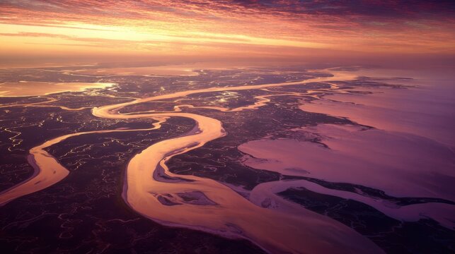 aerial sunset river landscape view