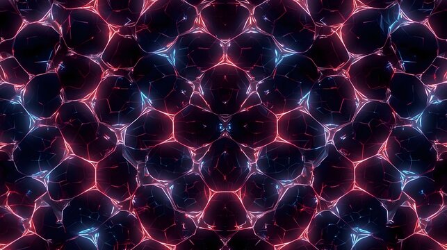 Abstract digital image of a glowing, honeycomb-like pattern with dark, crystalline cells outlined in bright red and blue neon light, creating a futuristic, geometric texture