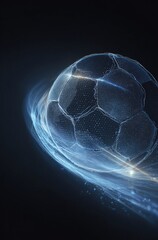 Naklejka premium A glowing, digitized soccer ball streaks across a dark background, leaving a luminous trail. Its polygonal form shimmers with internal light