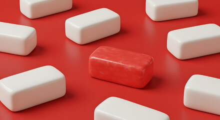 Bold red shape stands out among white counterparts in dynamic, modern abstract composition