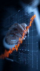 Close-up of a person in a suit holding a pen and drawing an upward trending orange financial graph on a digital screen with data