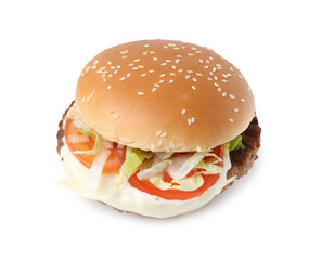 One delicious burger with cheese, tomato, lettuce and patty isolated on white. Tasty fast food