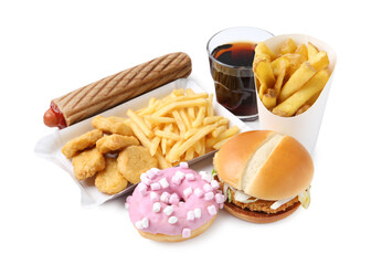 Different delicious fast food and cola isolated on white