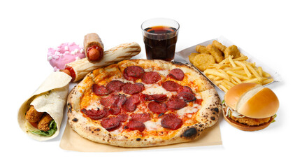 Delicious pizza, cola and other fast food isolated on white