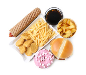 Different delicious fast food and cola isolated on white, top view
