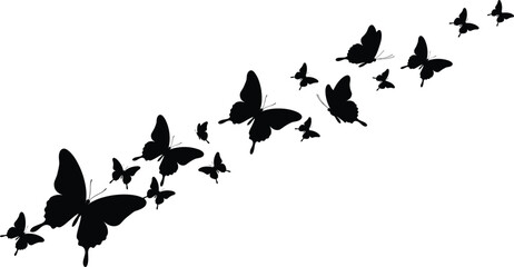 Butterfly silhouettes in flight and perched positions, black vector illustration for nature, beauty, transformation, design, and decorative themes