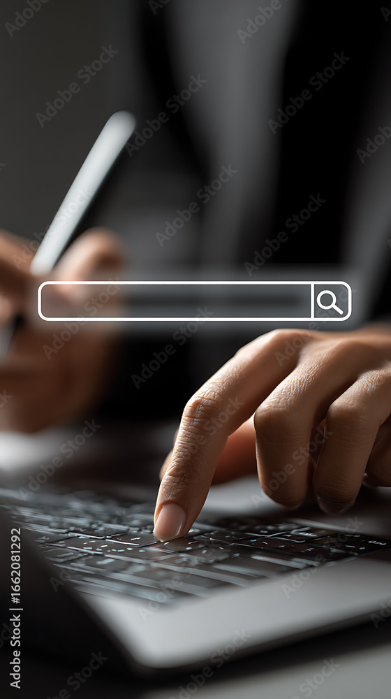 Poster close-up of a person's hand typing on a laptop keyboard with a digital search bar overlay interface