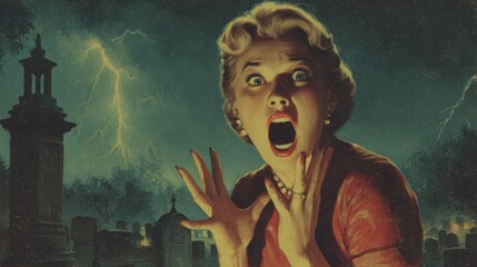Classic 1950s retro horror portrait of a terrified woman screaming in fear with graveyard background