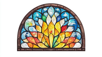 Vibrant stained glass window featuring intricate floral designs in bright colors, adding elegance to any space.