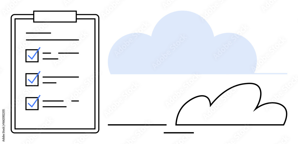 Poster checklist with marked tasks alongside abstract clouds emphasizes organization and cloud-based proces