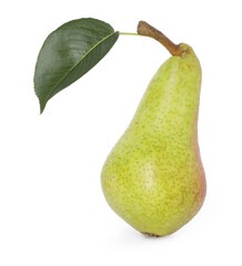 One ripe pear with leaf isolated on white