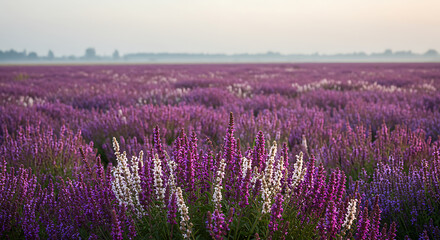 Obraz premium Vibrant purple flower field at dawn with soft fog creating a serene, natural landscape.