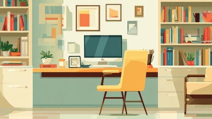 Bright, sunny home office scene with a computer and bookshelves filled with colorful books