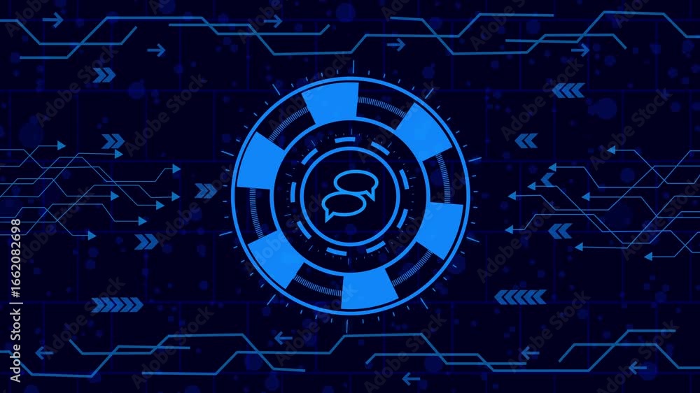 Wall mural text message icon  animation.Futuristic technology background with a glowing blue chat bubble icon in a circular design, surrounded by abstract circuit patterns and directional arrows