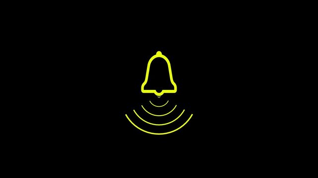 ellow bell symbol with sound waves on a black background, representing alert, alarm, notification, reminder, or ringtone icon.
