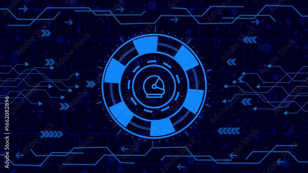 Wall mural futuristic blue background with astronaut helmet in center, surrounded by digital arrows and circuit