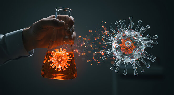 Scientist analyzes virus molecule in lab flask with glowing chemical structures and pandemic pathogen