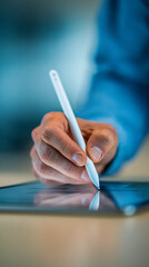 Close-up of hand holding stylus and drawing on a digital tablet with blue background graphic design