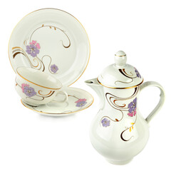 Vintage Teacup and Coffee Pot isolated on white background. Elegant Porcelain Coffee Set.
