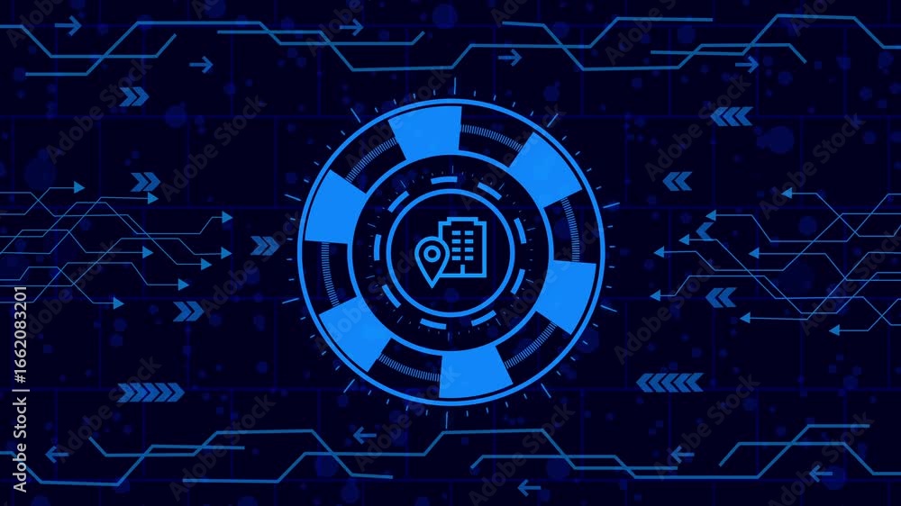 Wall mural futuristic hud element with location pin and building icon, glowing blue on a dark blue background w