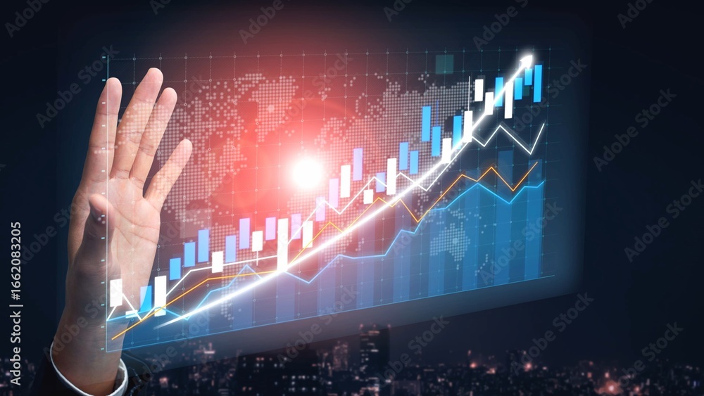 Poster a close-up of a hand gesturing over a digital chart displaying growth trends on a global map, illust