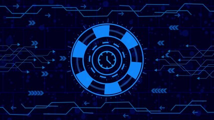 Futuristic technology background with clock icon, digital interface, circuit board pattern, and glowing blue elements for modern designs and presentations - Powered by Adobe