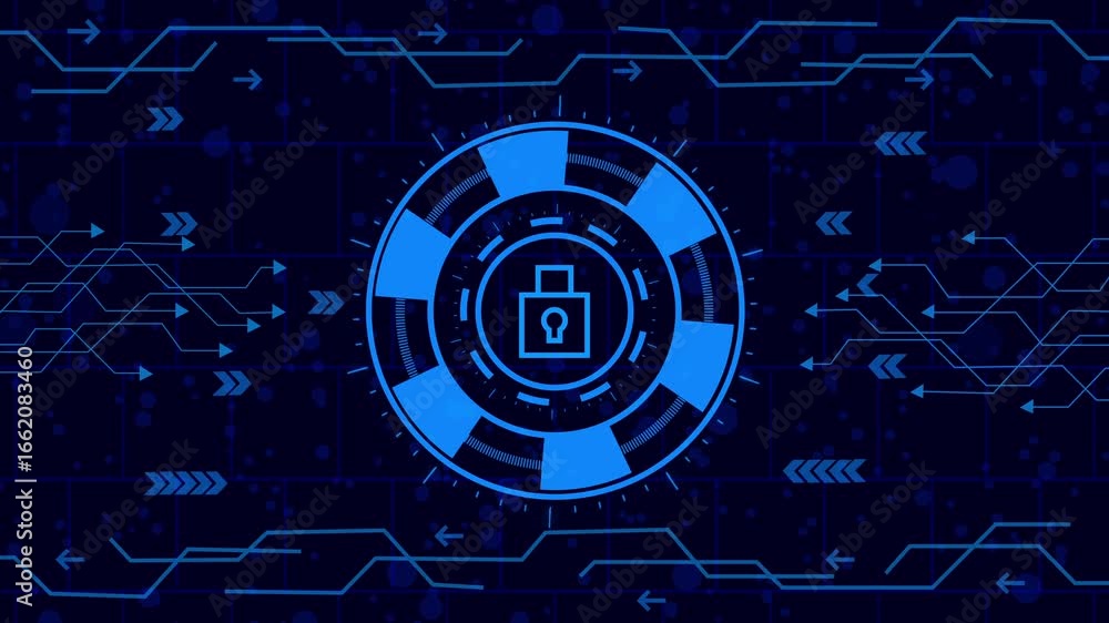 Wall mural cybersecurity concept with lock icon in center of circle surrounded by circuit board patterns, symbo