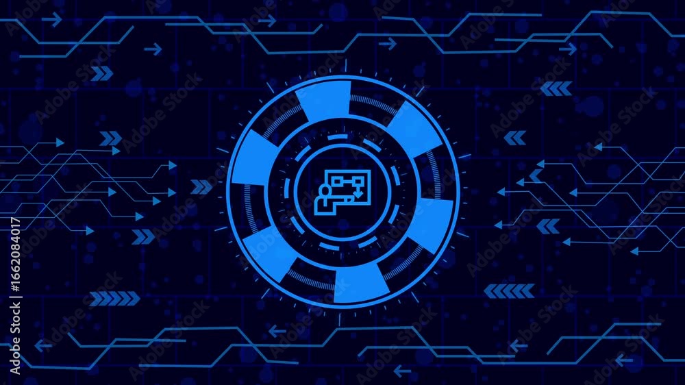 Wall mural futuristic interface with qr code icon in center, surrounded by digital network lines and arrows, cr