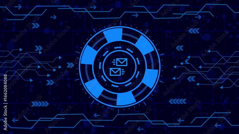 Wall mural Futuristic interface with email icons in center, surrounded by digital network lines and arrows, creating a modern and technological visual representation