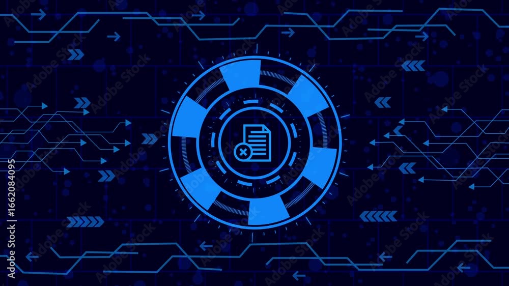 Wall mural Futuristic interface with file icon in center, surrounded by digital network lines and arrows, creating a modern and technological visual representation