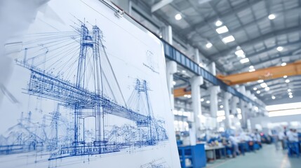 Architectural blueprint of a bridge in a modern industrial setting