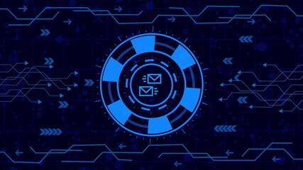 Futuristic interface with email icons in center, surrounded by digital network lines and arrows, creating a modern and technological visual representation - Powered by Adobe