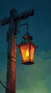 A solitary, gas-lit lantern hangs from a weathered wooden post under a stormy, rain-swept twilight sky.  The warm glow of the lamp contrasts sharply with the cool, dark ambiance