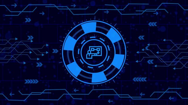 Futuristic interface with qr code icon in center, surrounded by digital network lines and arrows, creating a modern and technological visual representation - Powered by Adobe