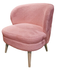 Fauteuil scandinave en moumoute corail doux minimaliste isolé sur fond transparent vu de coté...