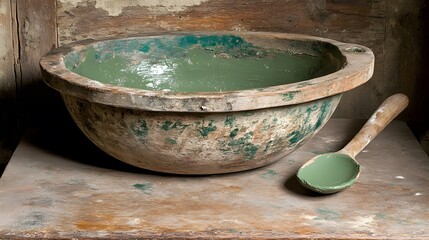 Fototapeta premium Rustic Wooden Bowl with Green Paint and Spoon Still Life