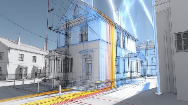 Detailed architectural visualization of a house with linear elements and lighting effects