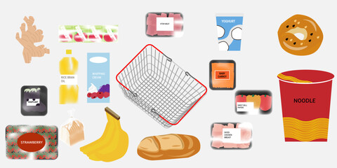 vector set of food products from the supermarket. bananna, baby carrots, stew meat, yoghurt, noodle, bread, eggplant, strawberry.