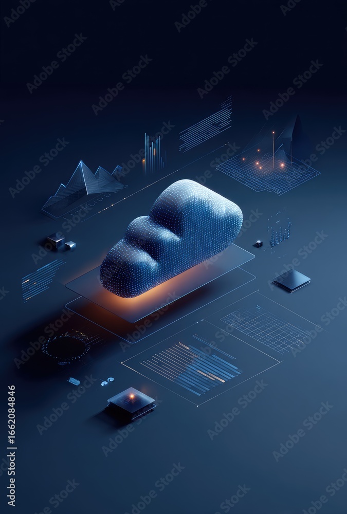 Fototapete a stylized 3d cloud rests on a glowing platform, surrounded by isometric data visualizations and dig