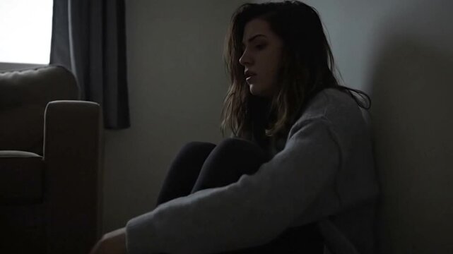 Woman in gray sweater sits on floor hugging legs near wall in dim room